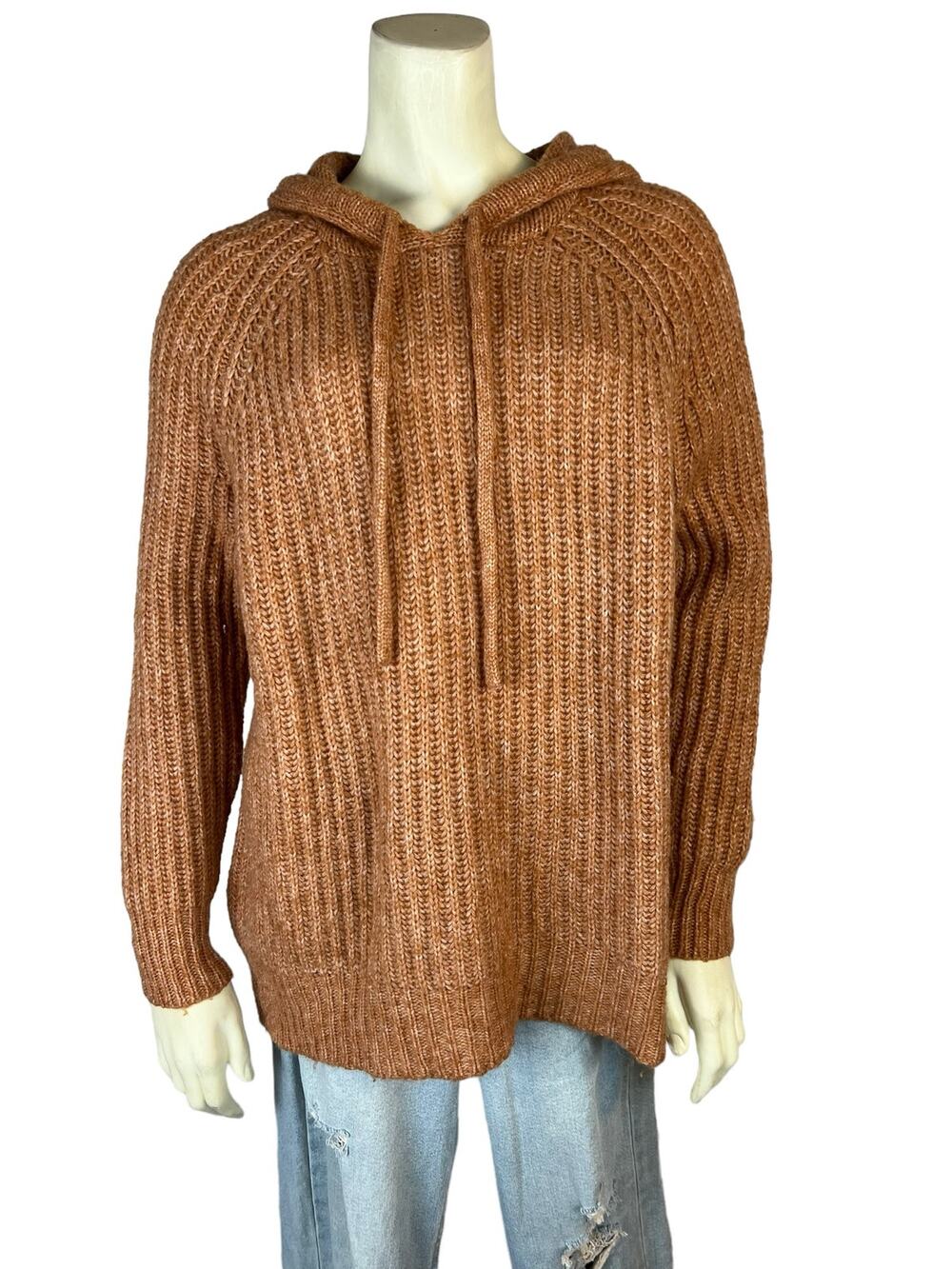 Aerie Size XS orange hooded sweater knit oversized Wool Blend Fuzzy Cozy Comfy
